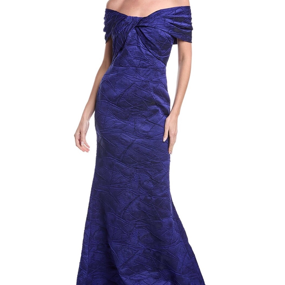 Teri Jon Off-Shoulder Textured Evening Gown in Rich Royal Blue-Purple